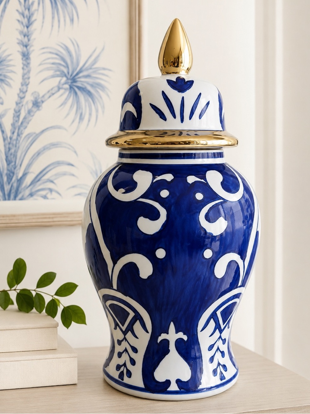 Chinoiserie Blue and White Ceramic Temple Ginger Jar with Gold Trim Lid